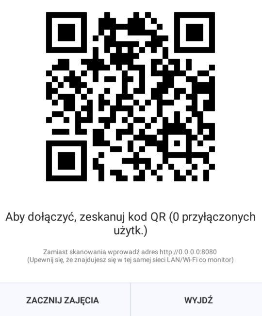 2. Na ekranie wyświetli się kod QR oraz adres do wpisania w pasku adresu przeglądarki. Daj chwilę uczestnikom na podłączenie się do Głosowania.