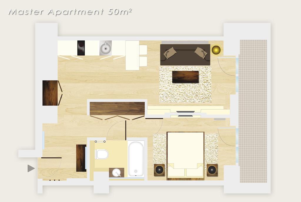 Spacious living room 25 sqm Open kitchen with a microwave, a refrigerator, a ceramic hob, a kettle, a toaster, silverware, kitchen china. Separate bedroom with double bed.