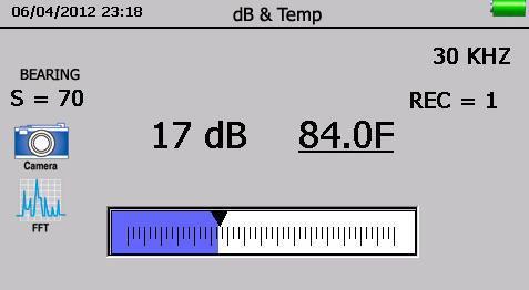 Version 1 18 db/temp Wartości decybeli i temperatury pokazywane są na tym ekranie. Ekran ten wyświetla Numer rekordu, decybele, temperaturę, częstotliwość, czułość i wskaźnik intensywności.