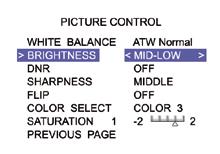 7.13 Menu BRIGHTNESS, DNR, SHARPNESS, FLIP, COLOR SELECT, SATURATION) PICTURE CONTROL BRIGHTNESS DNR SHARPNESS FLIP COLOR SELECT Można wybrać jedną z dostępnych opcji: LOW, MID-LOW, MIDDLE, MID-HIGH,