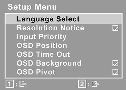 Element Objaśnienie Setup Menu (menu ustawień) wyświetla następujące menu: Language (Język) pozwala wybrać język, w którym wyświetlane będą menu i ekrany ustawień.