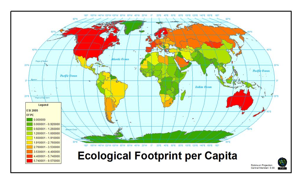 Ślad ekologiczny (Ecological Footprint -EF) Zasoby Ślad ekologiczny - to szacowana ilość hektarów powierzchni lądu i morza potrzebna do rekompensacji zasobów zużytych na