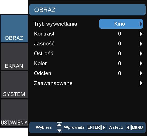 Elementy sterowania użytkownika OBRAZ NOTE Opcje ISF dzień i ISF noc nie będą pokazane, jeśli nie zostały skalibrowane tryby ISF.