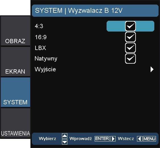 Elementy sterowania użytkownika NOTE Po włączeniu 3D wyszarzona zostanie funkcja Wzorzec testowy. Wzorzec testowy Wyświetlanie wzorca testowego. Dostępne opcje to Siatka, Wzorzec bieli i Wył.