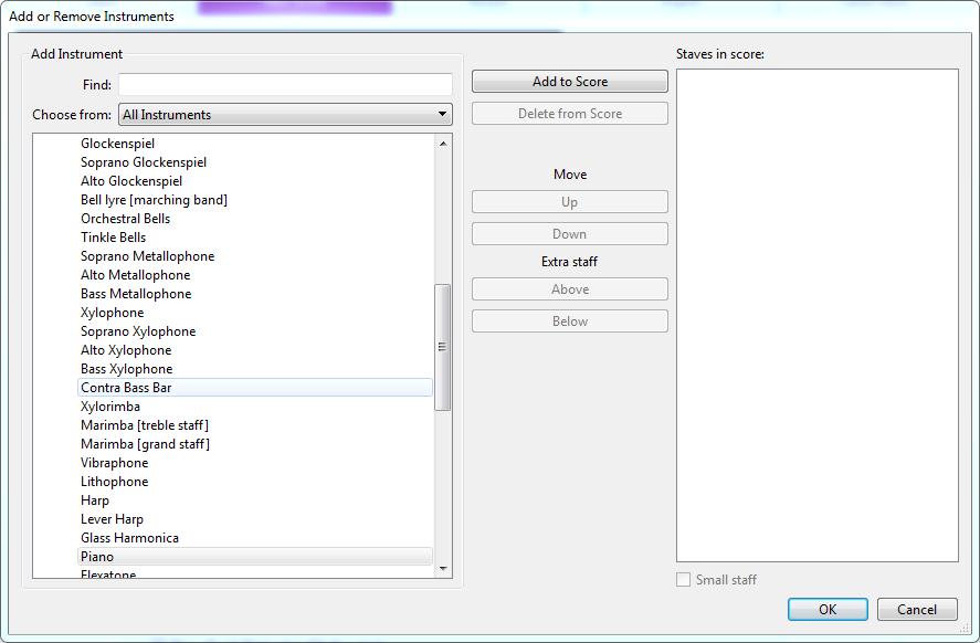 New Score tworzymy nowy utwór Aby dodać instrument kliknij Add to Score Aby usunąć instrument kliknij Delete from Score Lista instrumentów Zmiana kolejności instrumentów w partyturze Up (w górę) Down