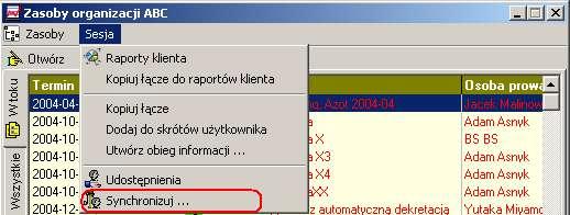 Synchronizację sesji można zainicjować z odpowiedniego menu panelu procedur klienta: Interfejs synchronizatora dla synchronizacji obiektu: Aby uruchomić