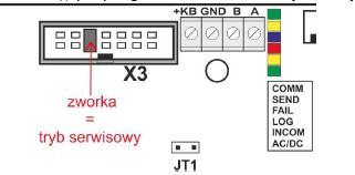 Tryb serwisowy. Reset ustawień. 1. Założyć zworkę na piny złącza X3 jak na rysunku ( trzecia pionowa para od lewej, krawędzi PCB). 1. Wyłączyć zasilanie centrali (całkowicie). 2.