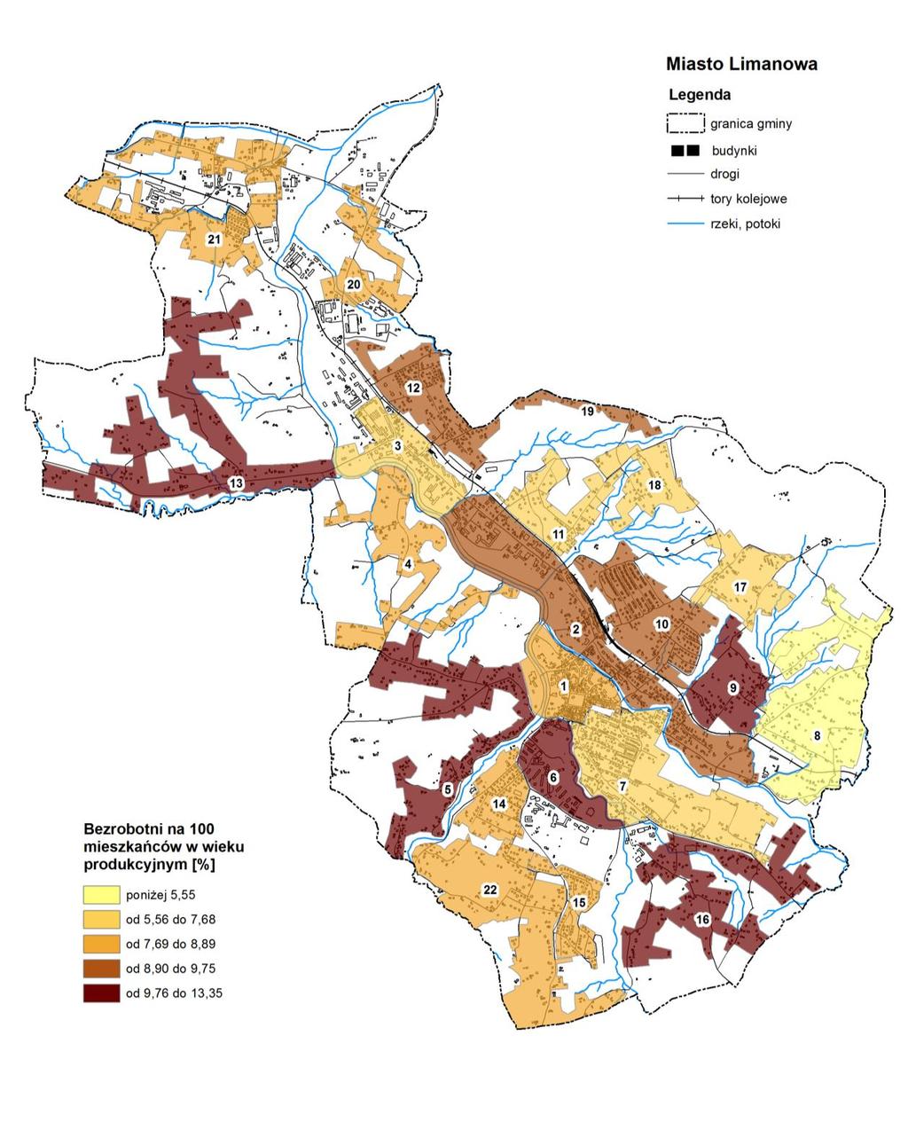 4. Wizualizacja danych Rysunek 3. Bezrobotni na 100 mieszkańców w wieku produkcyjnym w jednostkach urbanistycznych wyznaczonych dla miasta Limanowa.