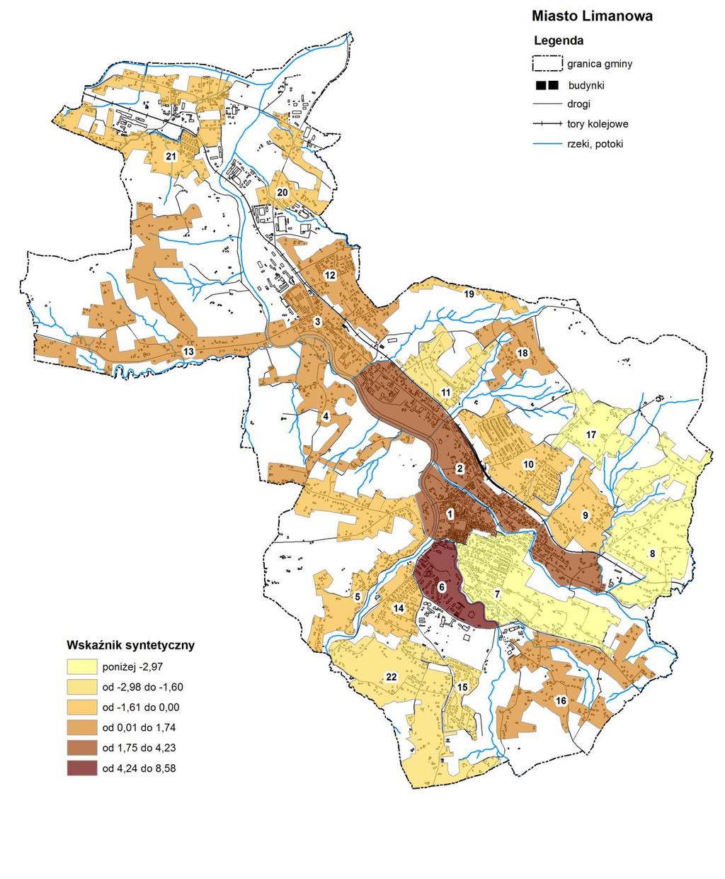 Rysunek 4. Wartość wskaźnika syntetycznego w wyznaczonych jednostkach urbanistycznych dla miasta Limanowa.