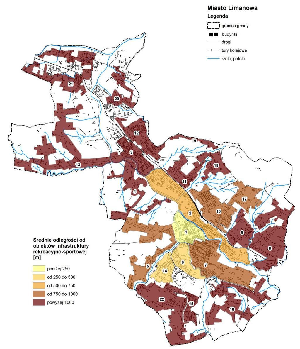 Rysunek 7. Średnia odległość jednostki urbanistycznej od wybranych obiektów infrastruktury rekreacyjno-sportowej [m].