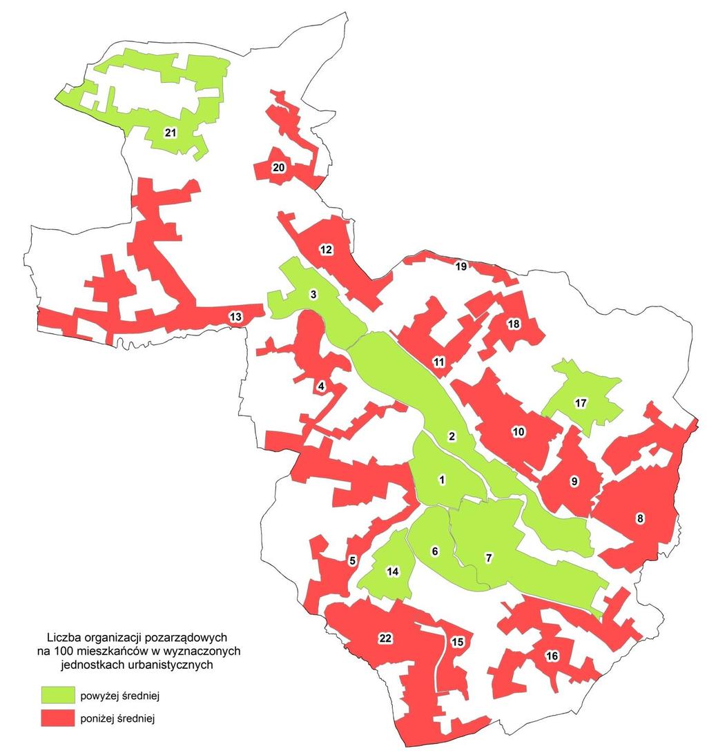 Rysunek 8. Liczba organizacji pozarządowych na 100 mieszkańców w wyznaczonych jednostkach urbanistycznych na poziomie miasta.