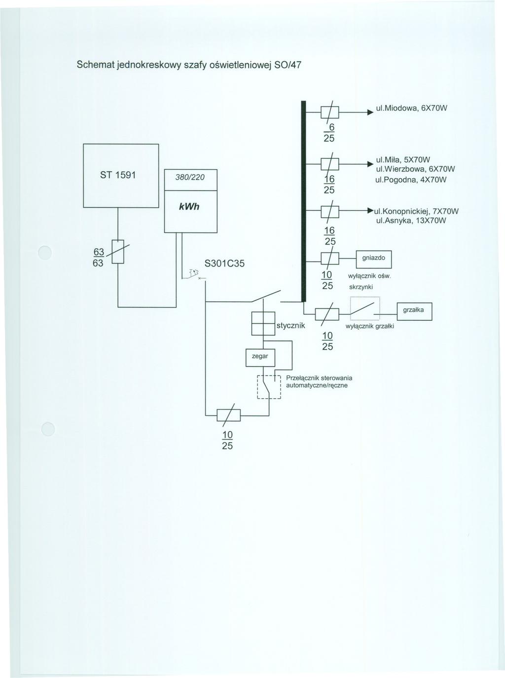 Schemat jednokreskowy szafy oswietleniowej 80/47 ul.miodowa,6x70w 6 8T 1591 8301C35 16 1 O wylacznik osw. skrzynki ul.