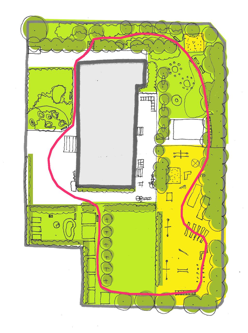 przyrodnicze azyle w miejskich przedszkolach / konsultacje architektoniczno-krajobrazowe / k01 / strona 3 3/ ZAGOSPODAROWANIE TERENU/ RZUT ogród leśny piaskownica łąka kwietna ogród pustynny: