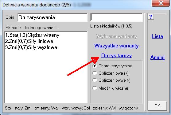 Po kliknięciu w przycisk Rysy po raz pierwszy, pokaże się plansza założeń z informacją, że trzeba wybrać lub zdefiniować wariant obciążeń długotrwałych.