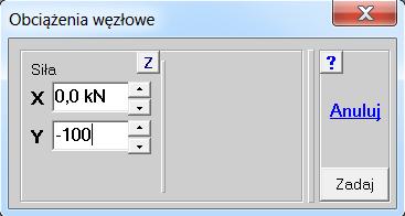 W kolejnym schemacie zostaną zadane dwie siły skupione skierowane pionowo o wartości Y = -100 kn.