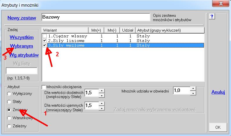 W postępowaniu automat wg EN nie ma możliwości zmiany mnożników obciążenia i współczynników redukcji. Są takie same dla wszystkich schematów.