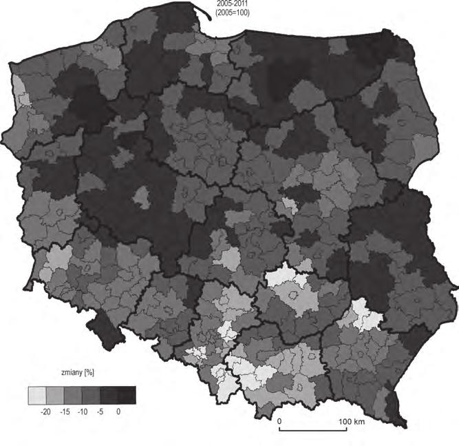 Przestrzenne zróżnicowanie pozyskiwania płatności bezpośrednich do przejmowania użytków rolnych przez właścicieli większych gospodarstw od rolników posiadających niewielkie gospodarstwa rolne.