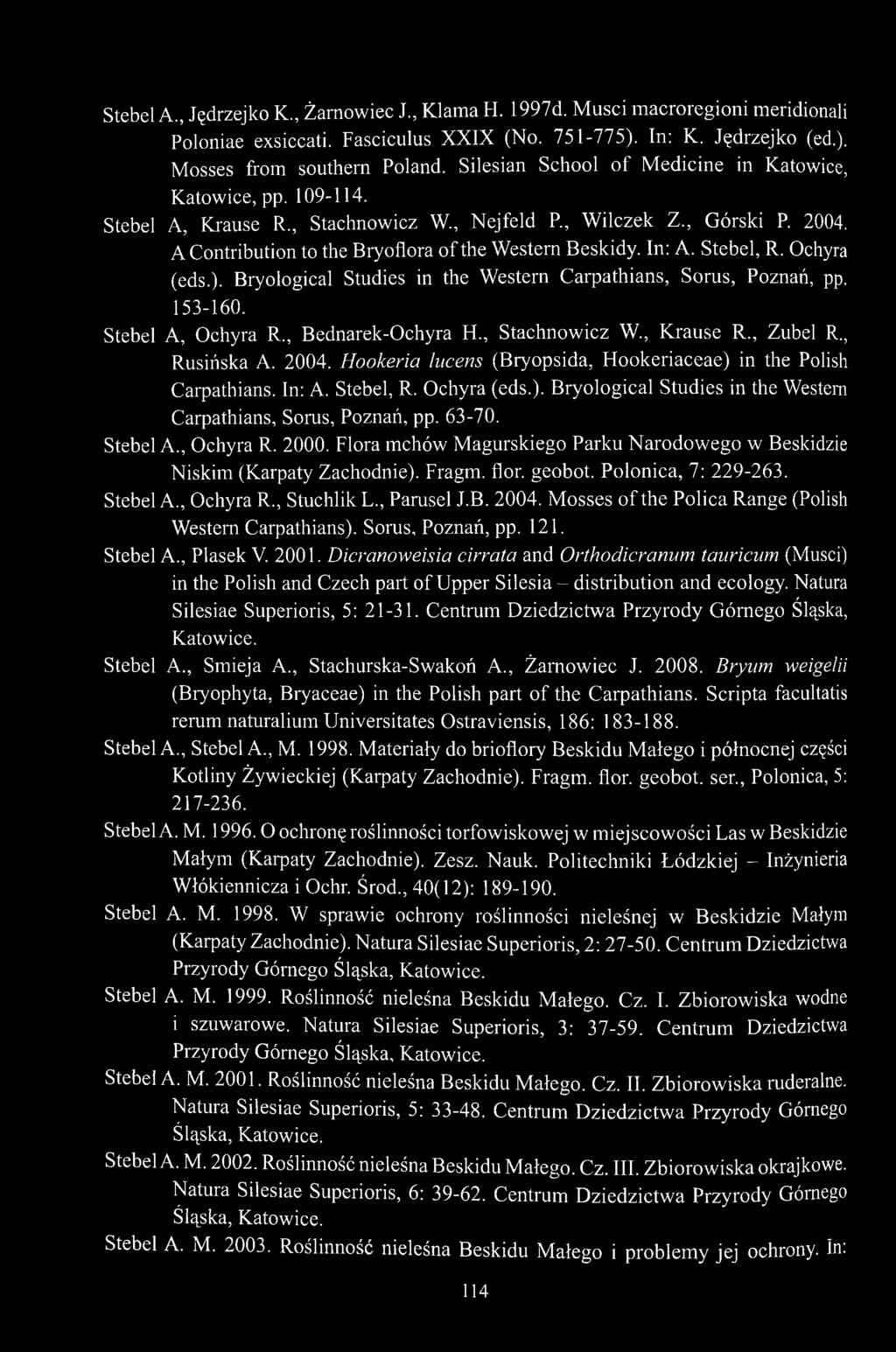 In: A. Stebel, R. Ochyra (eds.). Bryological Studies in the Western Carpathians, Sorus, Poznań, pp. 153-160. Stebel A, Ochyra R Bednarek-Ochyra H., Stachnowicz W., Krause R., Zubel R., Rusińska A.