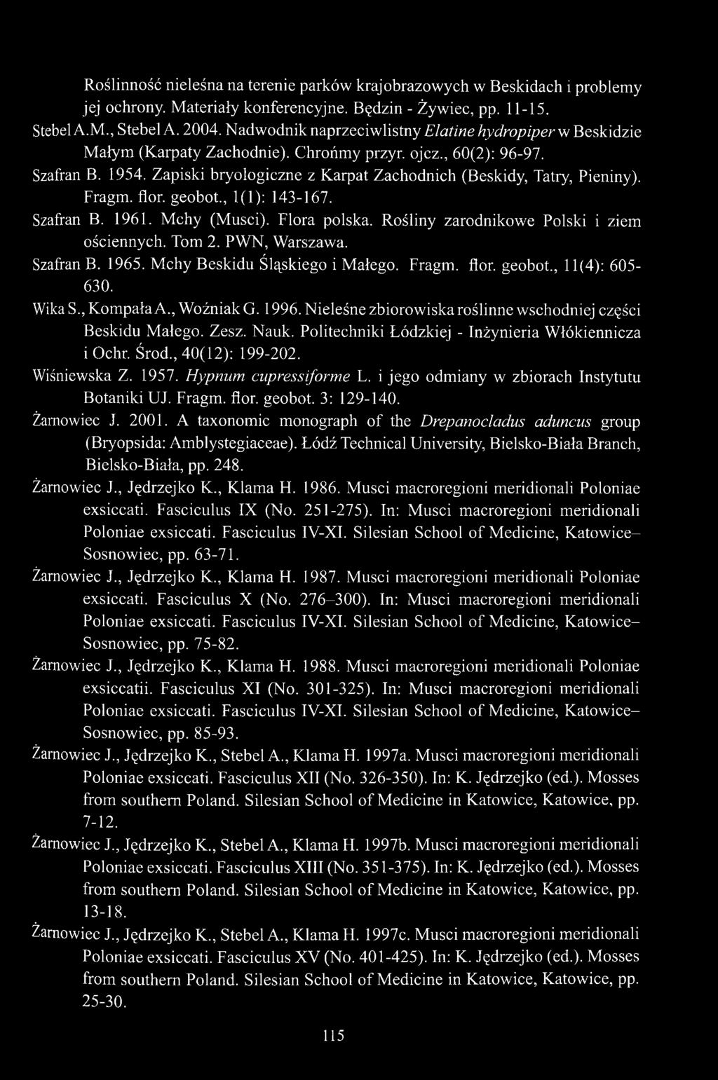 Zapiski bryologiczne z Karpat Zachodnich (Beskidy, Tatry, Pieniny). Fragm. flor. geobot., 1(1): 143-167. Szafran B. 1961. Mchy (Musci). Flora polska. Rośliny zarodnikowe Polski i ziem ościennych.