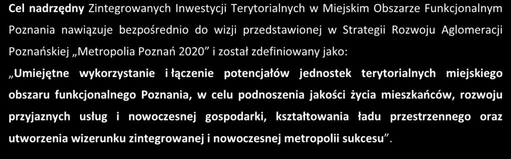 Cel nadrzędny Zintegrowanych Inwestycji Terytorialnych w Miejskim Obszarze Funkcjonalnym Poznania nawiązuje bezpośrednio do wizji przedstawionej w Strategii Rozwoju Aglomeracji Poznańskiej Metropolia