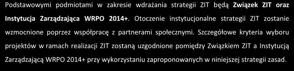 Podstawowymi podmiotami w zakresie wdrażania strategii ZIT będą Związek ZIT oraz Instytucja Zarządzająca WRPO 2014+.