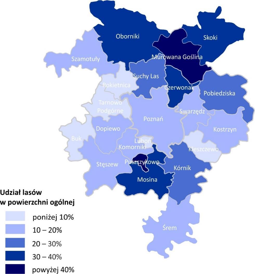 Ryc. 5. Lesistość gmin Miejskiego Obszaru funkcjonalnego Poznania (% udział lasów w powierzchni ogólnej). Źródło: Opracowanie własne na podstawie danych GUS (2014).