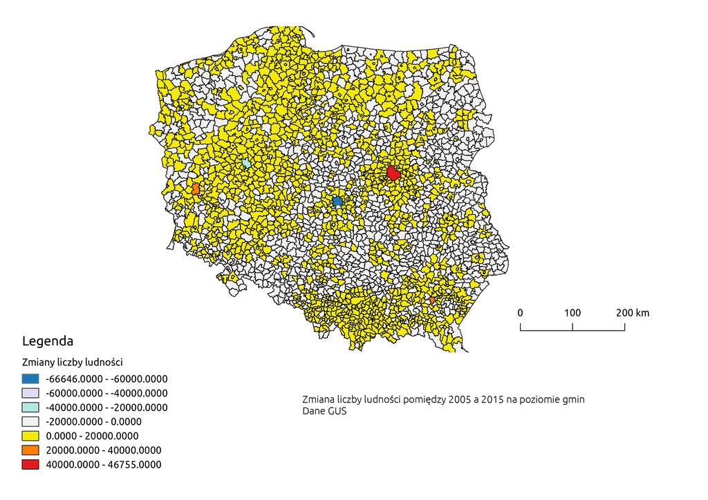 Rysunek 6.5: Migracje ludnoúci miídzy gminami w Polsce pomiídzy rokiem 2005 a 2015.Przedzia y tworzone metodπ równych podzia ów.