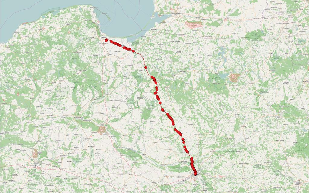 Rysunek 6.10: Obiekty w odleg oúci 50 m od najszybszej trasy WarszawaGdaÒsk (N=544).