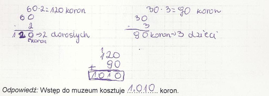 Przykład 2. W przykładach. i 2. uczeń napisał poprawne wyrażenie prowadzące do wyznaczenia kosztu biletów dla dwóch dorosłych i trójki dzieci. Punktacja: (2, 2) 4 punkty.
