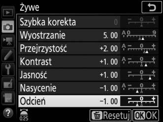 Modyfikowanie ustawień Picture Control Istniejące gotowe i osobiste ustawienia funkcji Picture Control (0 176) można modyfikować pod kątem ich dopasowania do typu scenerii lub zamierzeń twórczych