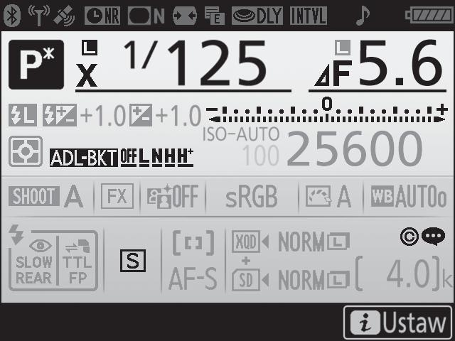18 19 20 21 22 27 28 29 30 31 23 24 25 26 18 Wskaźnik synchronizacji błysku... 266 19 Ikona blokady czasu otwarcia migawki... 136 20 Czas otwarcia migawki... 129, 131 21 Wskaźnik działki przysłony.