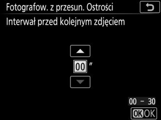 Aby wybrać interwał między zdjęciami: Wyróżnij Interwał przed kolejnym zdjęciem i naciśnij 2. Wybierz 00, aby rejestrować zdjęcia z szybkością około 5 kl.