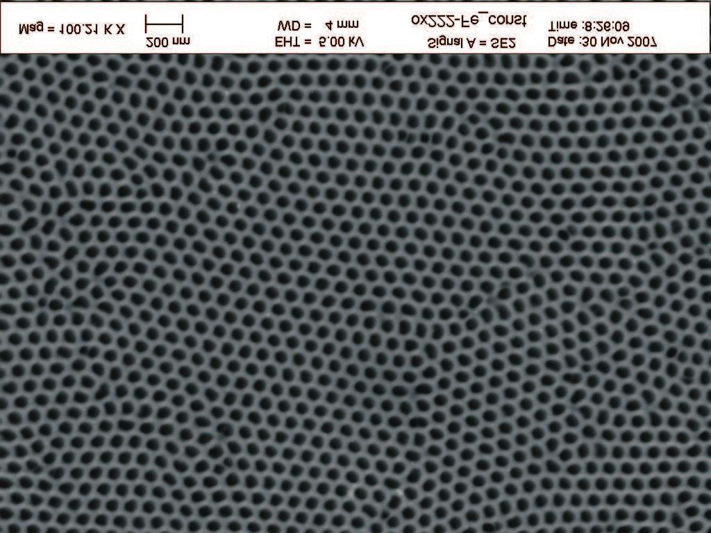 1127 As a result of the second anodizing step, the pores grow perpendicular to the surface and form an ordered hexagonal structure, which was confirmed by scanning microscope observations (Fig. 8).