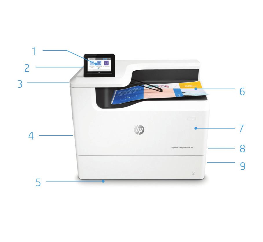 Przegląd produktu Na ilustracji przedstawiono kolorowe urządzenie HP PageWide Enterprise 765dn 1. Kolorowy, obracany ekran dotykowy o przekątnej 10,9 cm (4,3 cala) 2.
