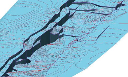 Fragment of mesosoic basement trend surface in geological model of deposit danych zawartych w modelu złoża węgla brunatnego Bełchatów i obejmuje informacje o wydzieleniach litostratygraficznych w