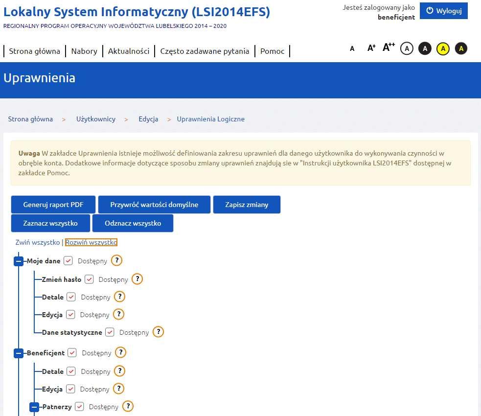 Dla użytkowników typu Subkonto uprawnienia dotyczą trzech obszarów systemu: Moje dane, Beneficjent i Projekty. Przykład nr 1. Użytkownikowi wyłączony został dostęp do całego kafla Beneficjent.