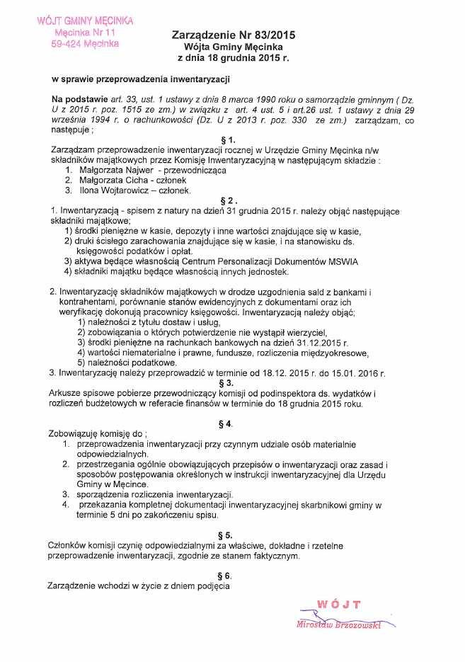 Zarządzenie nr 83/2015 w