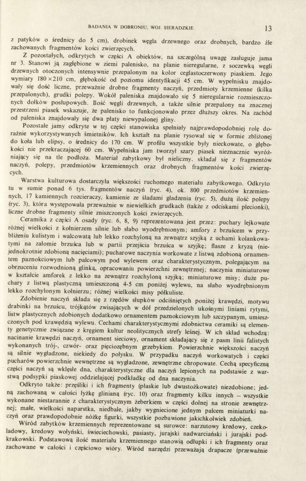 BADANIA W DOBRONIU. WOJ. SIERADZKIE 13 z patyków o średnicy do 5 cm), drobinek węgla drzewnego oraz drobnych, bardzo źle zachowanych fragmentów kości zwierzęcych.