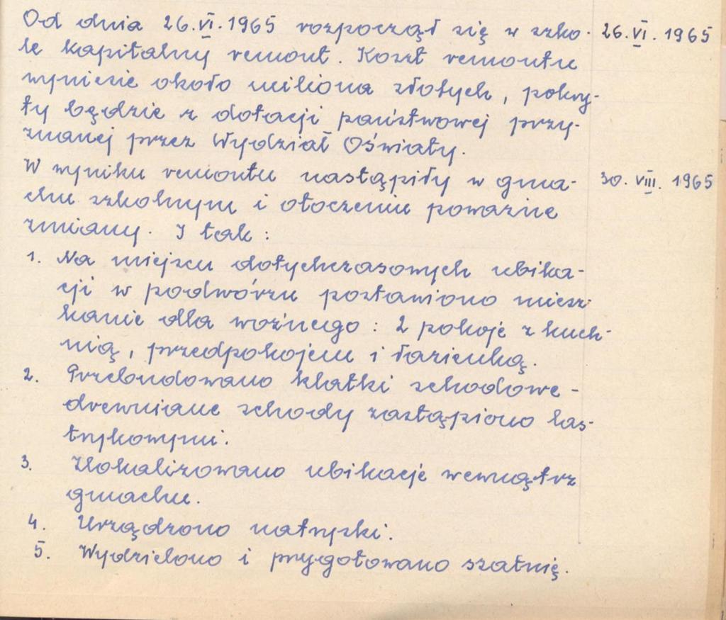 Podczas kadencji dyrektora Małego już w 1965 roku przeprowadzono gruntowną modernizację szkoły: założono centralne ogrzewanie, stare drewniane klatki schodowe zastąpiono