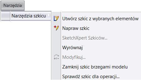 Rysunek 2.73. Fragment menu Narzędzia szkicu W przykładzie poniżej (rysunek 2.74) wykonano szkic prostokąta z błędem w postaci zbędnej linii (oczywiście nie zawsze błąd jest tak dobrze widoczny).