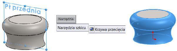 Krzywa przecięcia: Rysunek 2.87. Od lewej: płaszczyzna szkicu, polecenie Krzywa przecięcia, zaznaczone ściany utwórz szkic na płaszczyźnie symetrii bryły (rysunek 2.