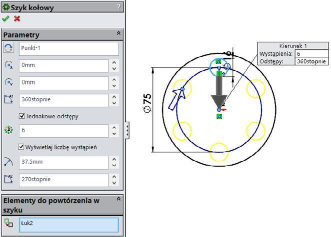 Powielenie otworów za pomocą Szyku kołowego szkicu Rysunek 2.106.