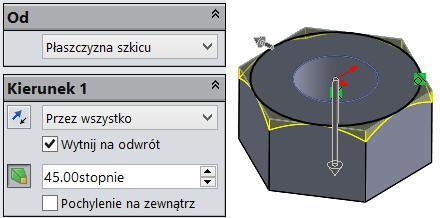 Wyciągnięcie wycięcia: na pasku Operacje kliknij Wyciągnięcie wycięcia, wprowadź właściwości operacji jak na