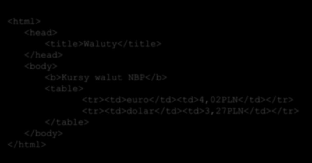 Dokument HTML <html> <head> <title>waluty</title> </head> <body> <b>kursy walut NBP</b> <table>