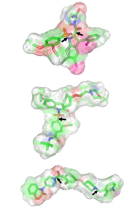 Struktury trzech antagonistycznych ligandów receptora wazopresyny V1: SR 49059 (góra), SR 121463A (środek) i