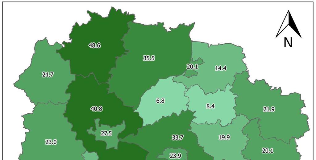 Mapa 24. Lesistość w powiatach województwa kujawsko-pomorskiego w 2015