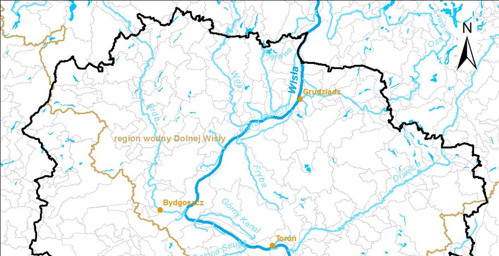 Mapa 6. Sieć hydrograficzna województwa kujawsko-pomorskiego (rzeki I i II rzędu) na tle zlewni JCWP źródło: opracowanie własne 4.5.2.1.
