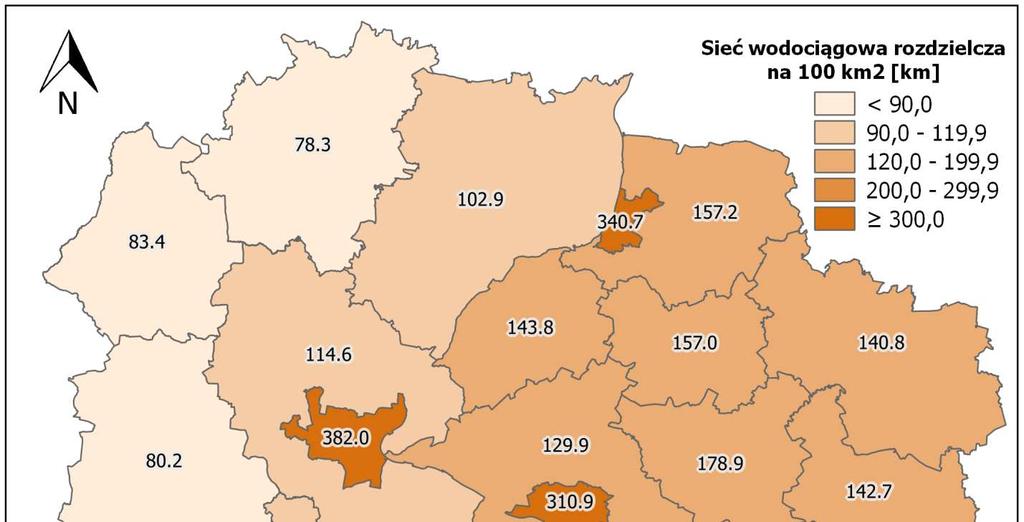 Długość czynnej sieci wodociągowej rozdzielczej w województwie kujawsko-pomorskim w 2015 roku wynosiła (według danych Głównego Urzędu Statystycznego) 23 239,8 km (przyrost w stosunku do roku 2014 o
