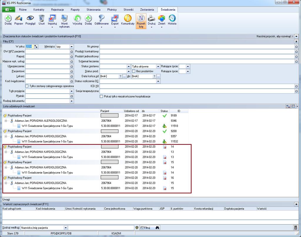 Przeniesione świadczenia w programie KS-PPS widoczne są w oknie KS-PPS Rozliczenia, dostępnym w menu głównym Rejestracje/przycisk Świadczenia. Świadczenia posiadają status: zarejestrowane.