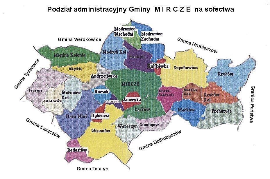 W skład Gminy Mircze wchodzą sołectwa Ameryka, Andrzejówka, Borsuk, Dąbrowa, Górka- Zabłocie, Kryłów, Kryłów-Kolonia, Łasków, Małków, Małków-Kolonia, Marysin, Miętkie, Miętkie- Kolonia, Mircze,